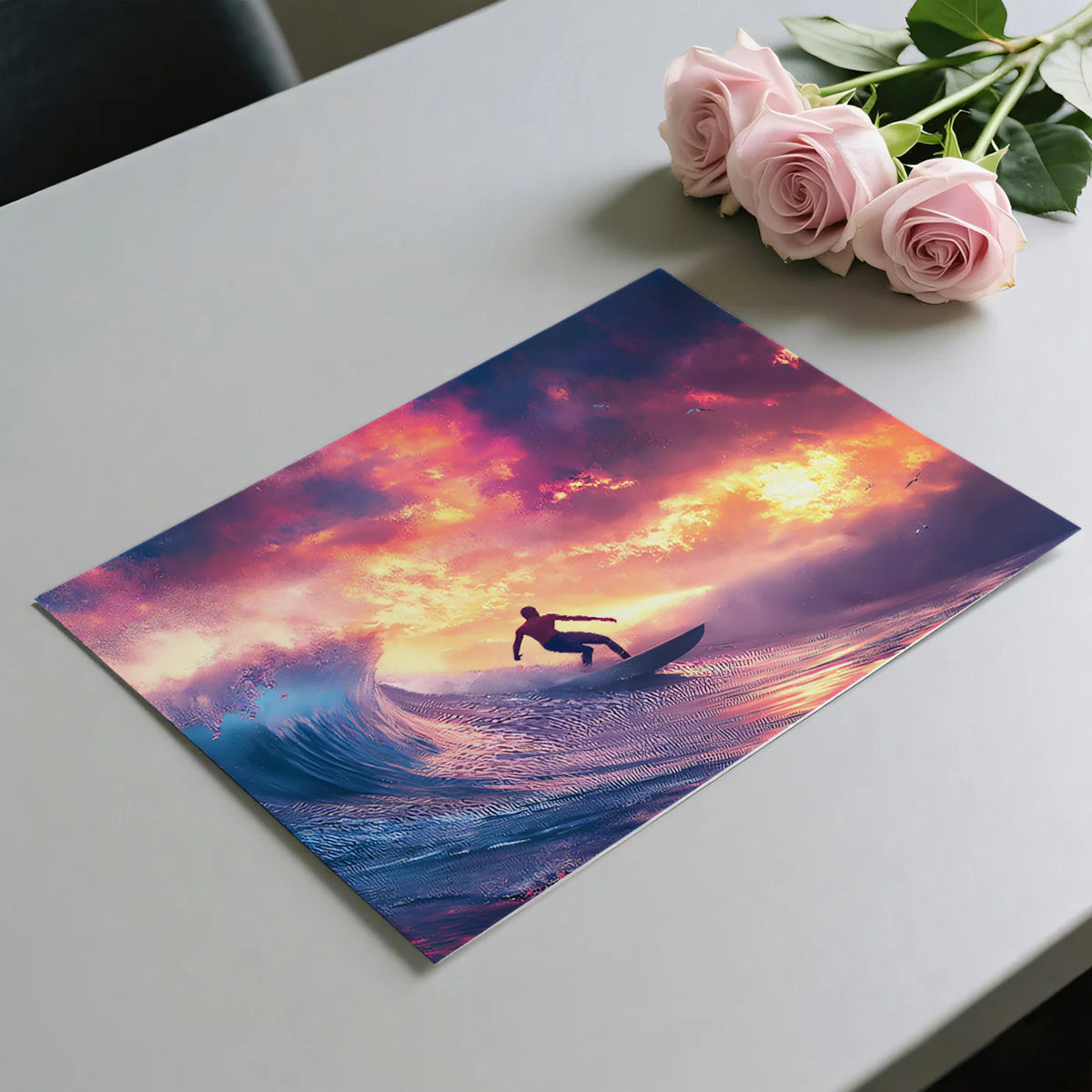 Neon Sunset Surfer Wave Mural Wallpaper — Electric Coastal Decor Mural Wallpaper - room preview 02