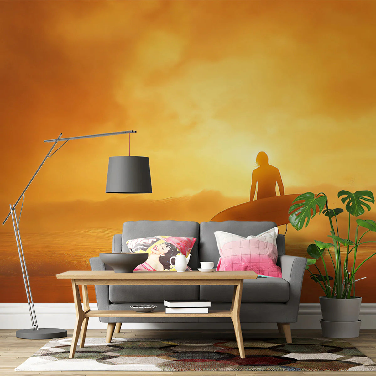 Fiery Surfer Sunset Coastal Mural Wallpaper — Hazy Amber Glow Mural Wallpaper - room preview 02