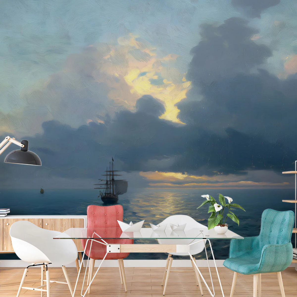 Old Master Sunset Seascape Mural Wallpaper — Dramatic Oil Painting Mural Wallpaper - room preview 02