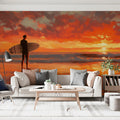 Surfer Silhouette Sunset Mural Wallpaper — Cinematic Coastal Art Mural Wallpaper - room preview 02