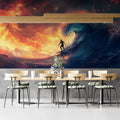Fiery Ocean Wave Surfing Mural Wallpaper — High Contrast Art Mural Wallpaper - room preview 02