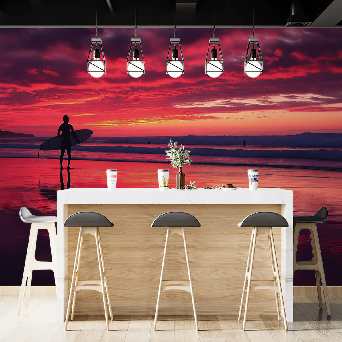 Crimson Sunset Surfer Mural Wallpaper — Dramatic Coastal Scene Mural Wallpaper - room preview 02