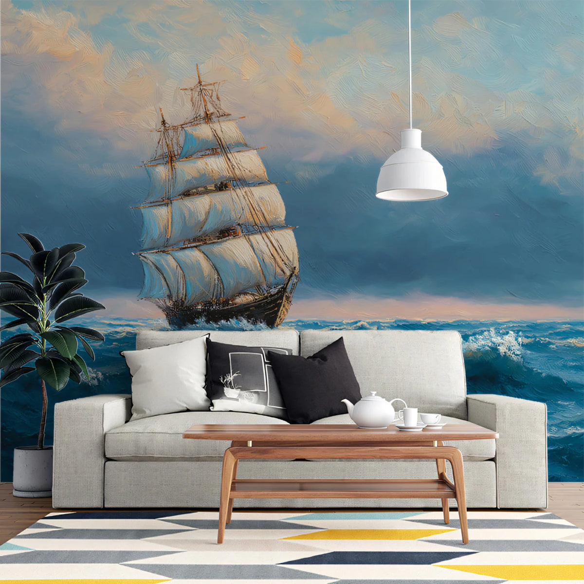 Tall Ship at Sea Mural Wallpaper — Oil Painting Nautical Design Mural Wallpaper - room preview 02