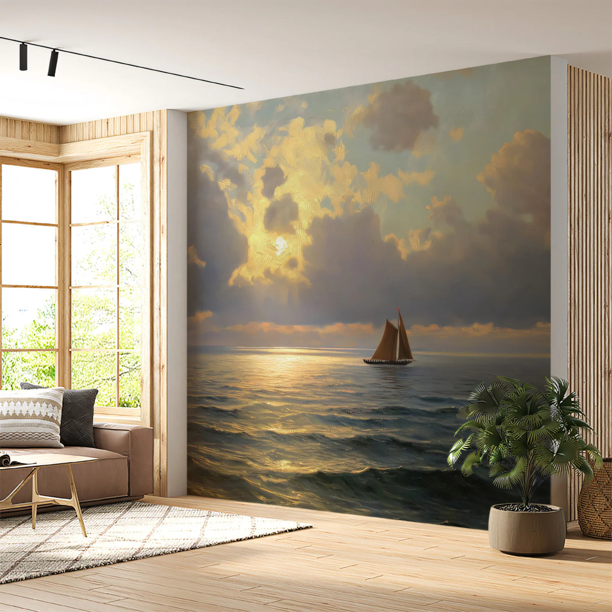 Sailing Ship Golden Sunset Mural Wallpaper — Atmospheric Oil Painting Mural Wallpaper - room preview 02