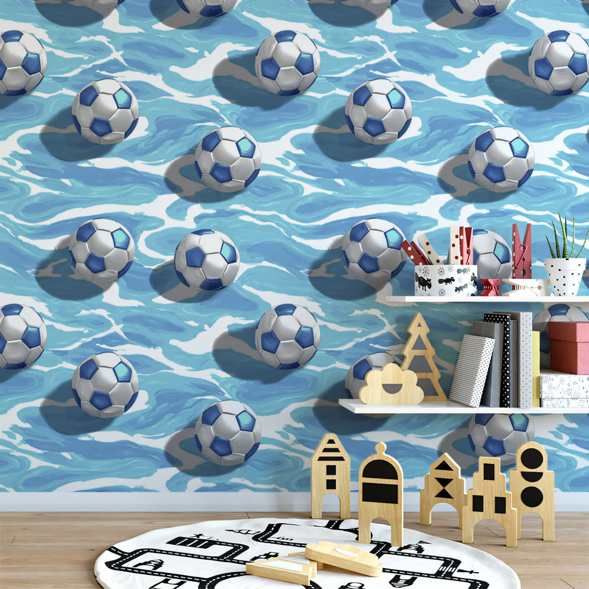 Soccer Ball and Wave Mural Wallpaper — Dynamic Blue Sports Motif Mural Wallpaper - room preview 02
