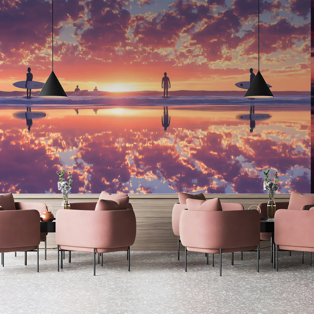 Surfer Sunset Reflection Mural Wallpaper — Vibrant Beach Horizon Mural Wallpaper - room preview 02
