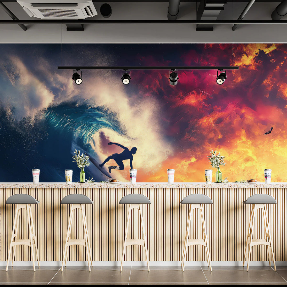 Fiery Surfing Wave Mural Wallpaper — High-Action Coastal Design Mural Wallpaper - room preview 02