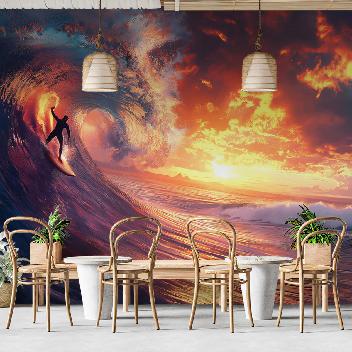 Fiery Sunset Surf Mural Wallpaper — Energetic Ocean Action Art Mural Wallpaper - room preview 02