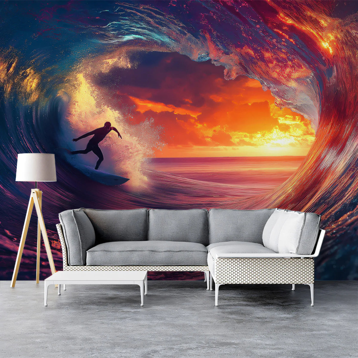 Neon Sunset Surfer Barrel Wave Mural Wallpaper — Electric Energy Mural Wallpaper - room preview 02