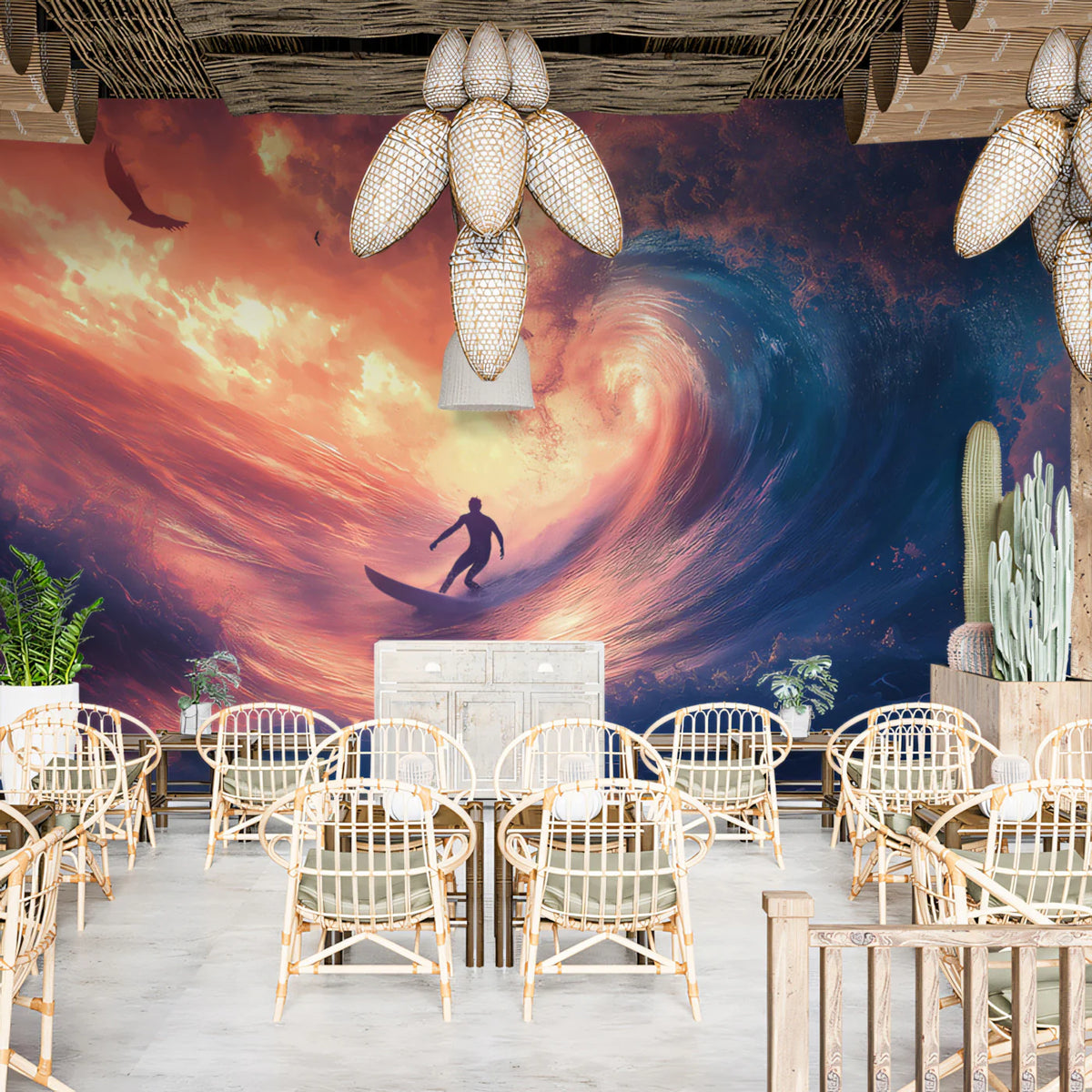 Fiery Ocean Surf Mural Wallpaper — Dramatic Coastal Wave Scene Mural Wallpaper - room preview 02
