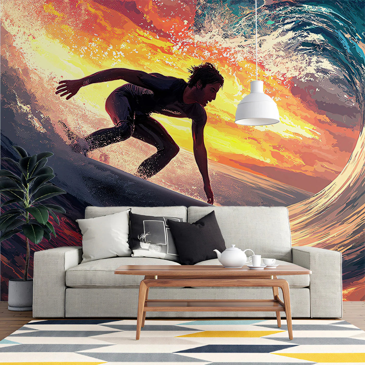 Sunset Surfer Barrel Wave Mural Wallpaper — Dynamic Ocean Art Mural Wallpaper - room preview 02
