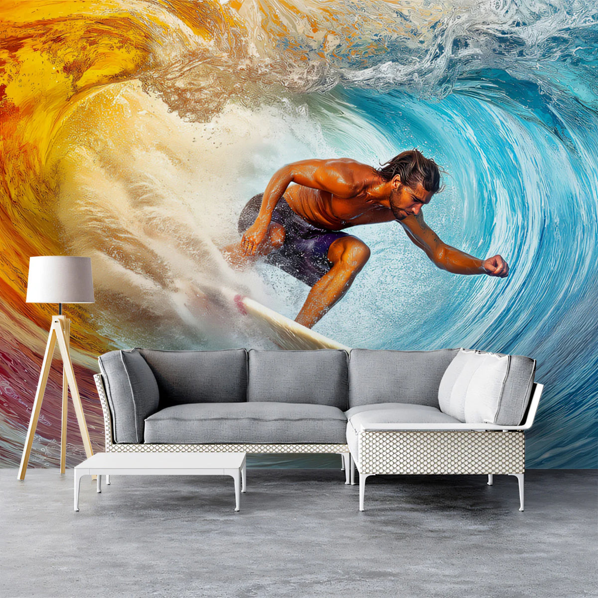Fiery Ocean Barrel Surfing Mural Wallpaper — High Energy Coastal Art Mural Wallpaper - room preview 02