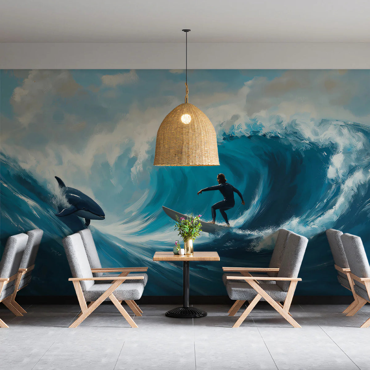 Surfer and Orca Ocean Wave Mural Wallpaper — Impressionist Style Mural Wallpaper - room preview 02