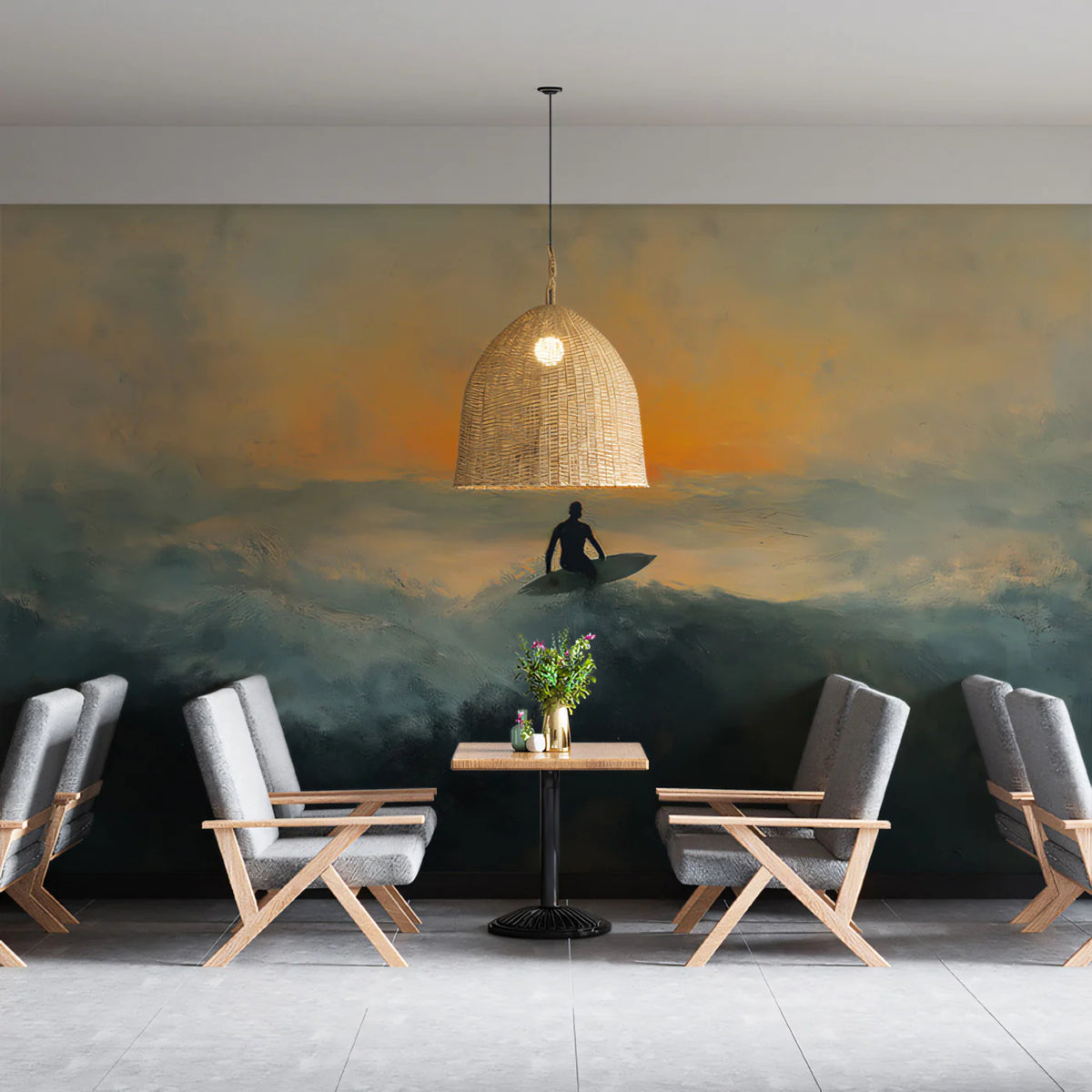 Lone Surfer Seascape Mural Wallpaper — Dramatic Oil Painting Style Mural Wallpaper - room preview 02