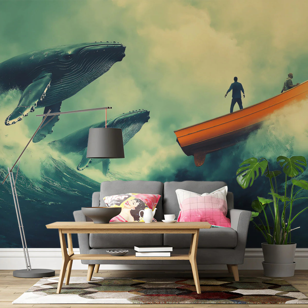 Breaching Humpback Whales Mural Wallpaper — Moody Ocean Adventure Mural Wallpaper - room preview 02