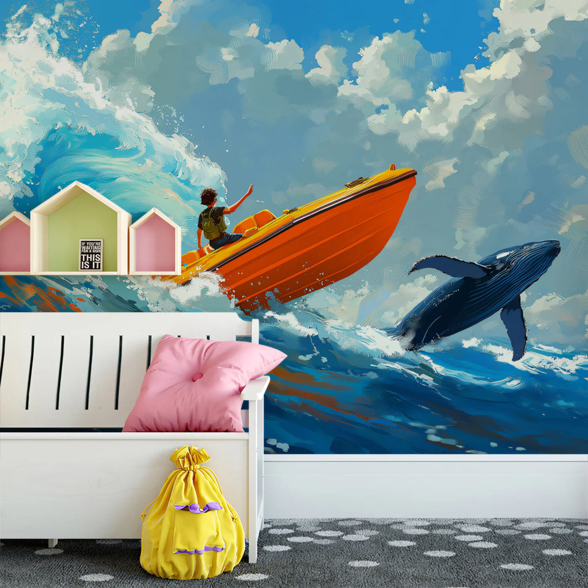 Ocean Adventure Whale Mural Wallpaper — Vibrant Nautical Art Mural Wallpaper - room preview 02