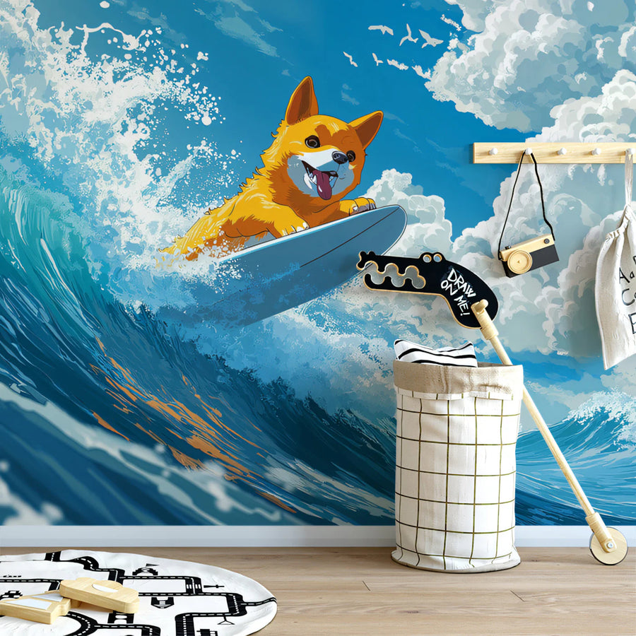 Papier Peint Mural Vague de l'Océan Corgi Surfant — Papier Peint Mural Artistique Côtier Ludique
