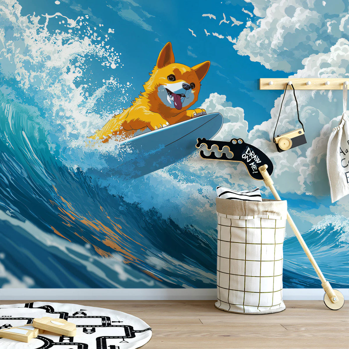 Corgi Surfing Ocean Wave Mural Wallpaper — Playful Coastal Art Mural Wallpaper - room preview 02