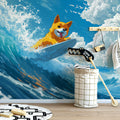 Corgi Surfing Ocean Wave Mural Wallpaper — Playful Coastal Art Mural Wallpaper - room preview 02