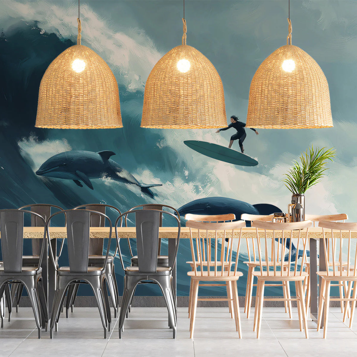 Surfer and Dolphin Ocean Wave Mural Wallpaper — Expressionist Art Mural Wallpaper - room preview 02