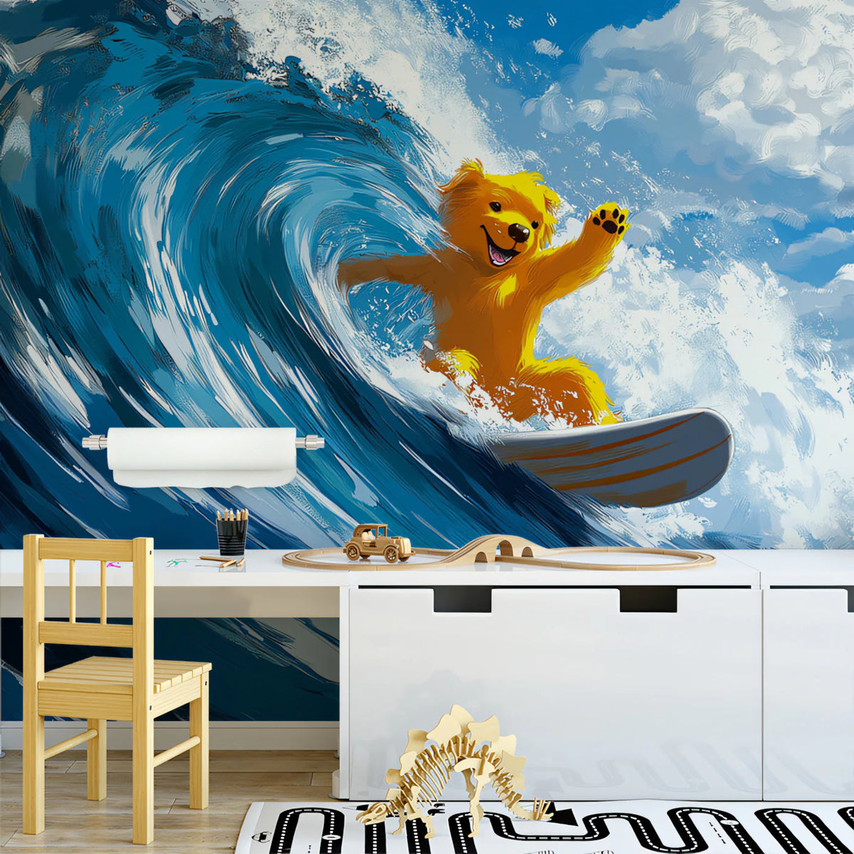 Surfing Teddy Bear Mural Wallpaper — Whimsical Ocean Adventure Mural Wallpaper - room preview 02