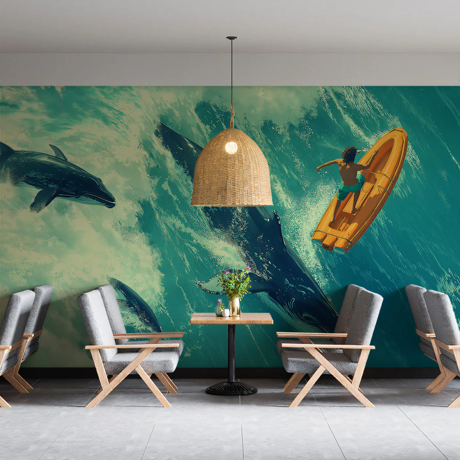 Sea Wallpaper Mural – Ocean Wall Mural – Aerial Ocean Whale and Dolphin — Painterly Adventure