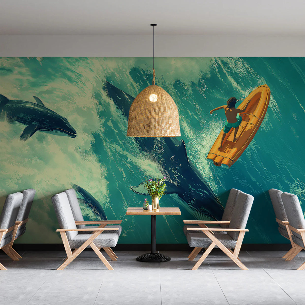 Aerial Ocean Whale and Dolphin Mural Wallpaper — Painterly Adventure Mural Wallpaper - room preview 02