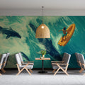 Aerial Ocean Whale and Dolphin Mural Wallpaper — Painterly Adventure Mural Wallpaper - room preview 02