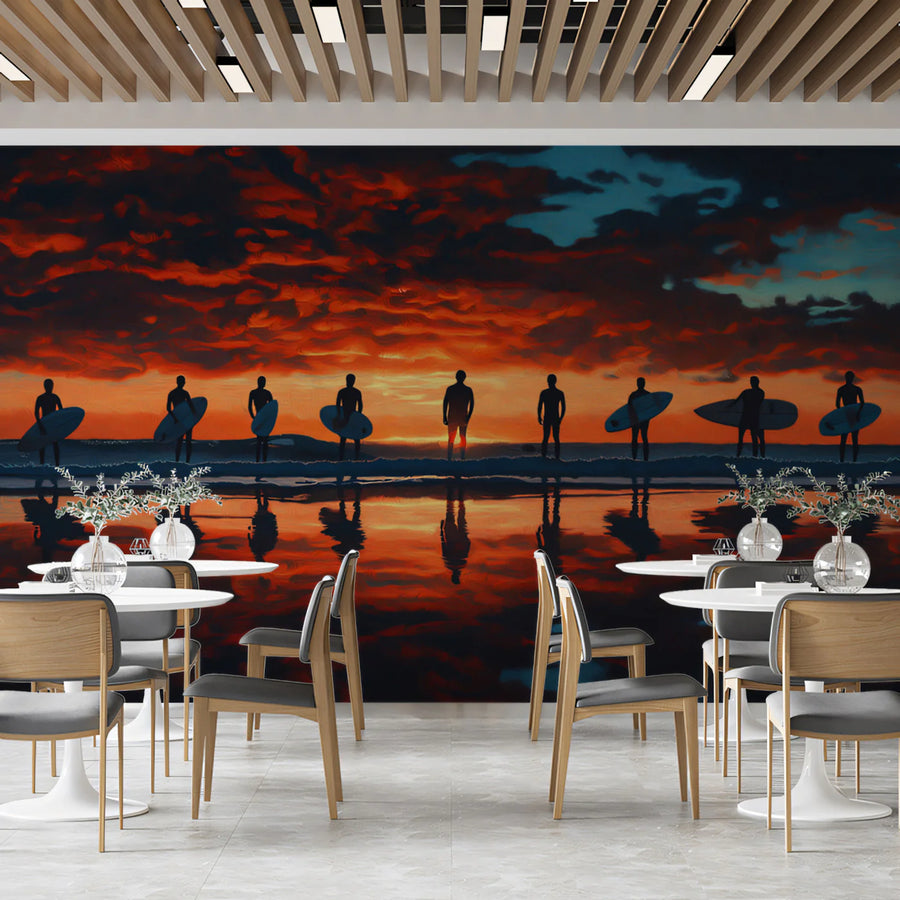 Papier peint mural Surfeurs au coucher du soleil — Papier peint mural style peinture à l'huile spectaculaire