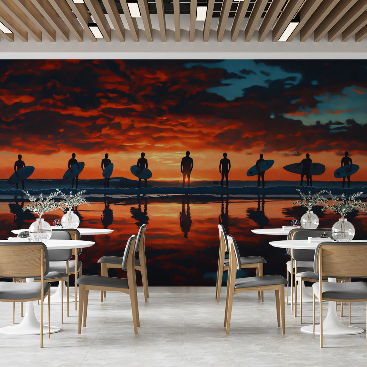 Surfer Lineup Sunset Mural Wallpaper — Dramatic Oil Painting Style Mural Wallpaper - room preview 02