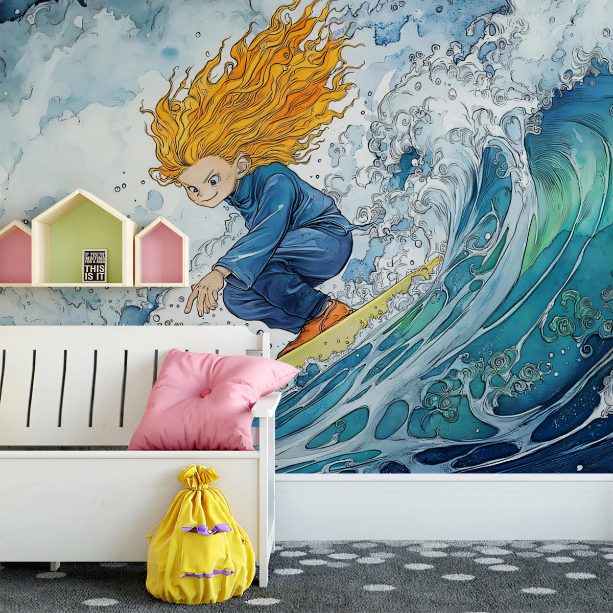 Surfer Girl Watercolor Mural Wallpaper — High-Energy Ocean Art Mural Wallpaper - room preview 02