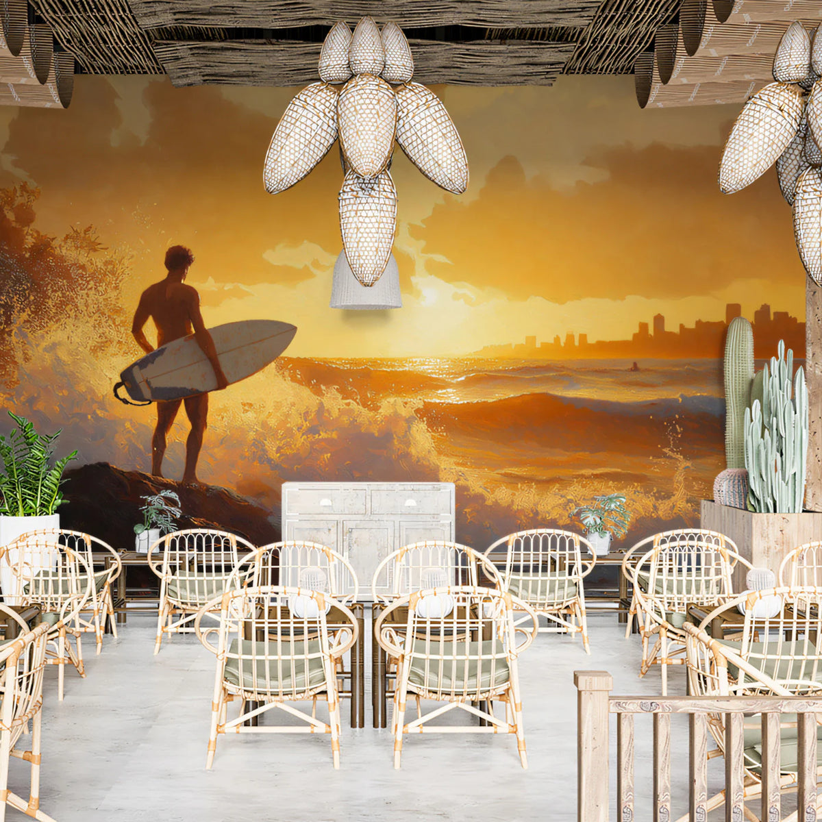 Coastal City Sunset Mural Wallpaper — Impressionist Surfer Scene Mural Wallpaper - room preview 02