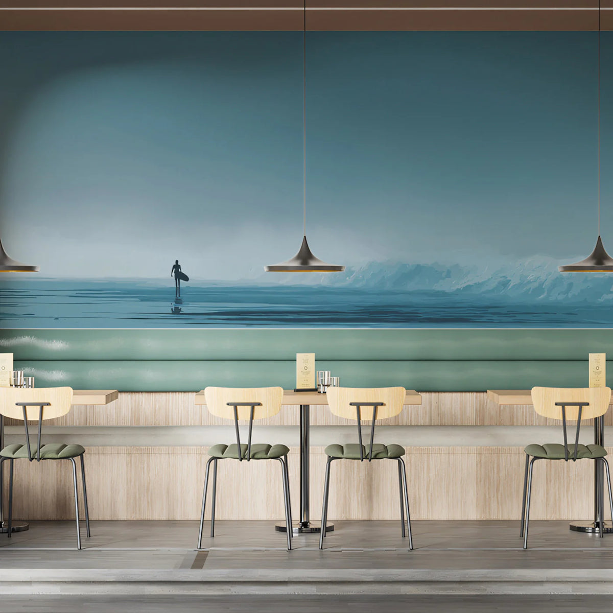 Lone Surfer Foggy Shore Mural Wallpaper — Minimalist Coastal Art Mural Wallpaper - room preview 02