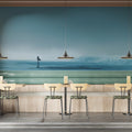 Lone Surfer Foggy Shore Mural Wallpaper — Minimalist Coastal Art Mural Wallpaper - room preview 02
