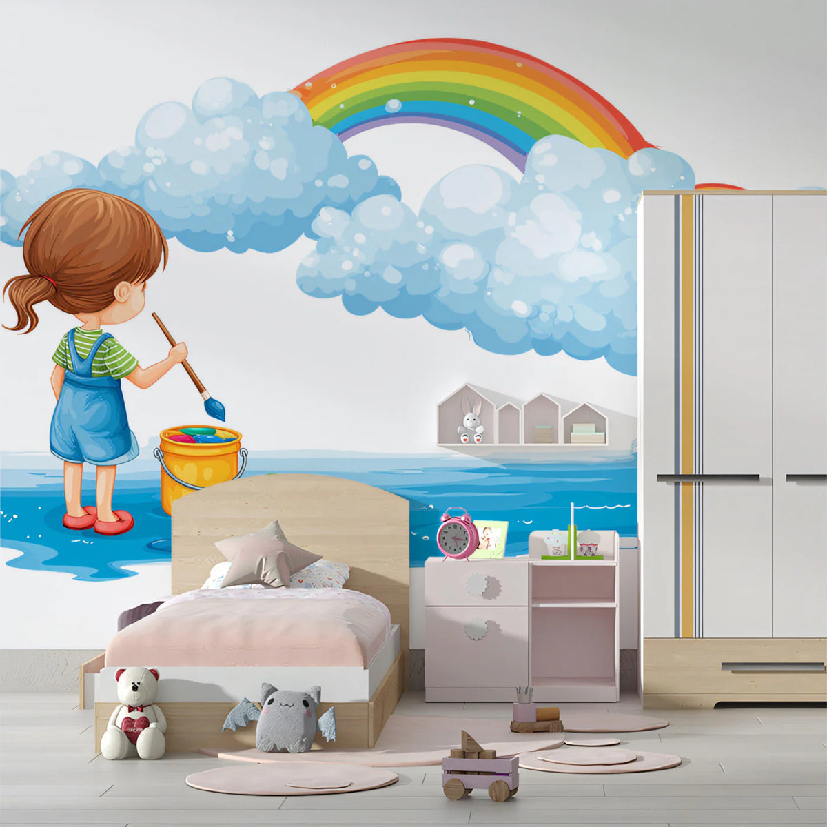 Rainbow Painter Fantasy Mural Wallpaper — Whimsical Children's Art Mural Wallpaper - room preview 02