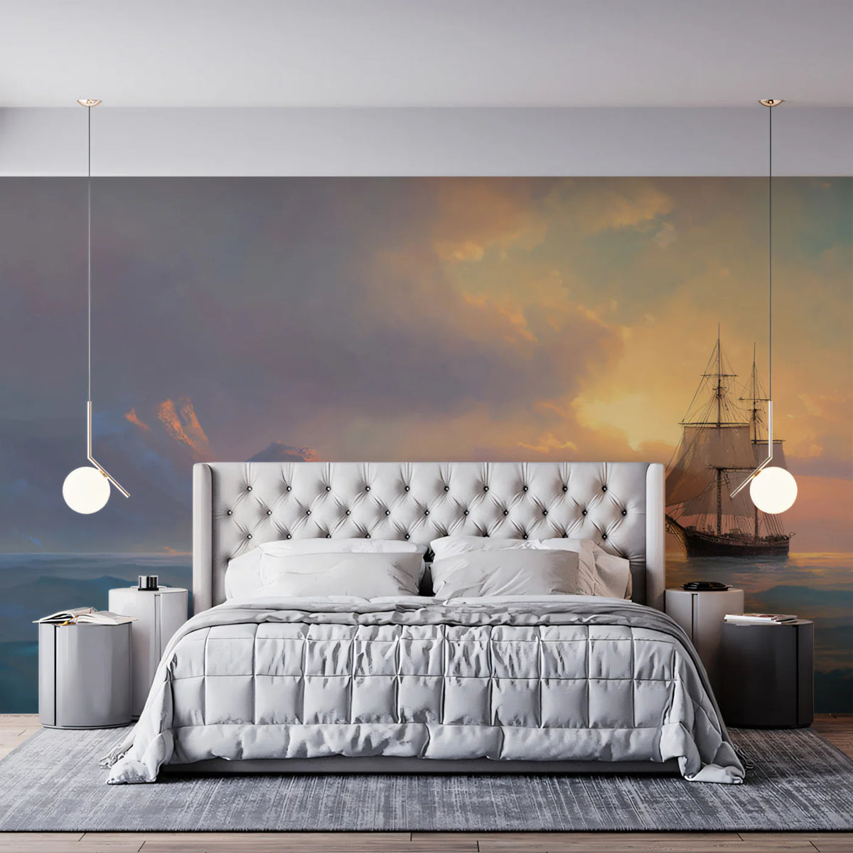 Sunset Seascape Sailing Mural Wallpaper Oil Painting, Misty Mountains, Warm and Cool Tones Mural Wallpaper - room preview 02
