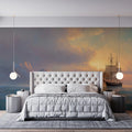 Sunset Seascape Sailing Mural Wallpaper Oil Painting, Misty Mountains, Warm and Cool Tones Mural Wallpaper - room preview 02