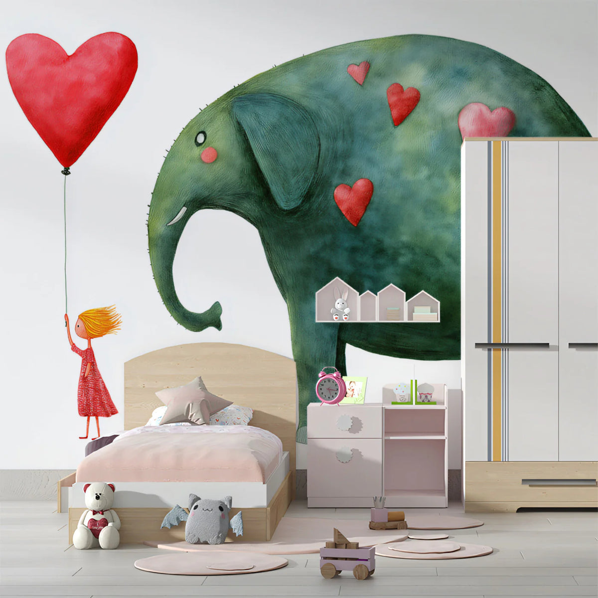 Girl and Elephant Watercolor Mural Wallpaper — Whimsical Illustration Mural Wallpaper - room preview 02