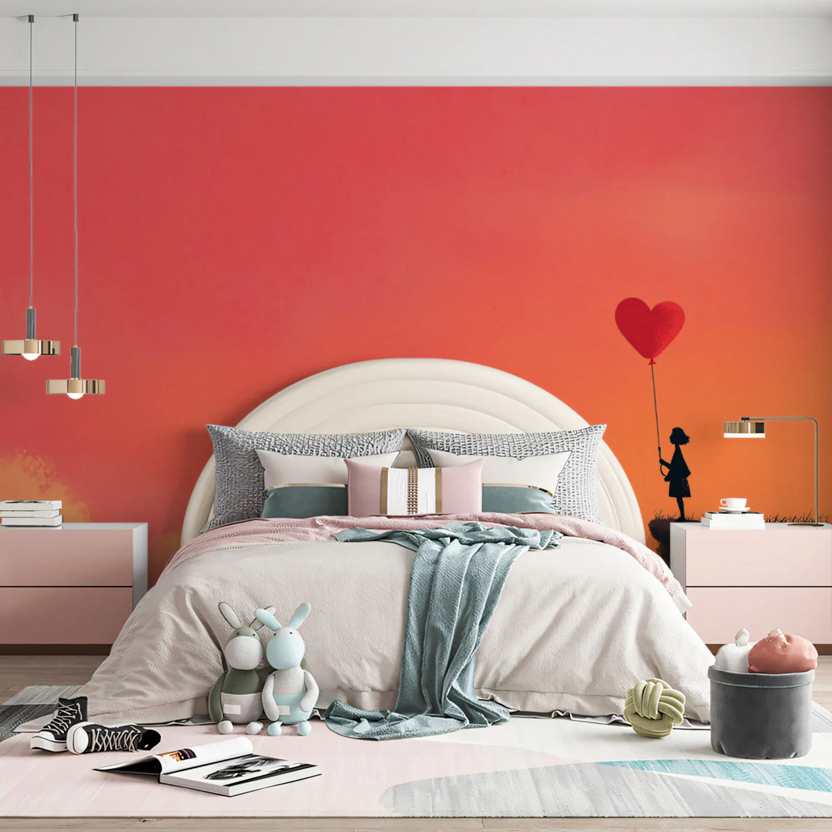 Child with Heart Balloon Mural Wallpaper — Artistic Sunset Silhouette Mural Wallpaper - room preview 02