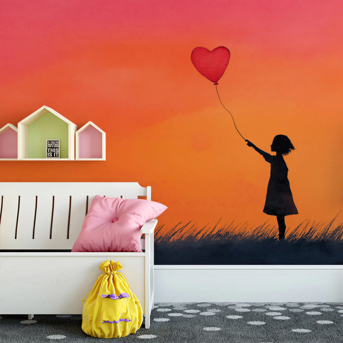 Heart Balloon Sunset Mural Wallpaper — Dreamy Silhouette Art Mural Wallpaper - room preview 02
