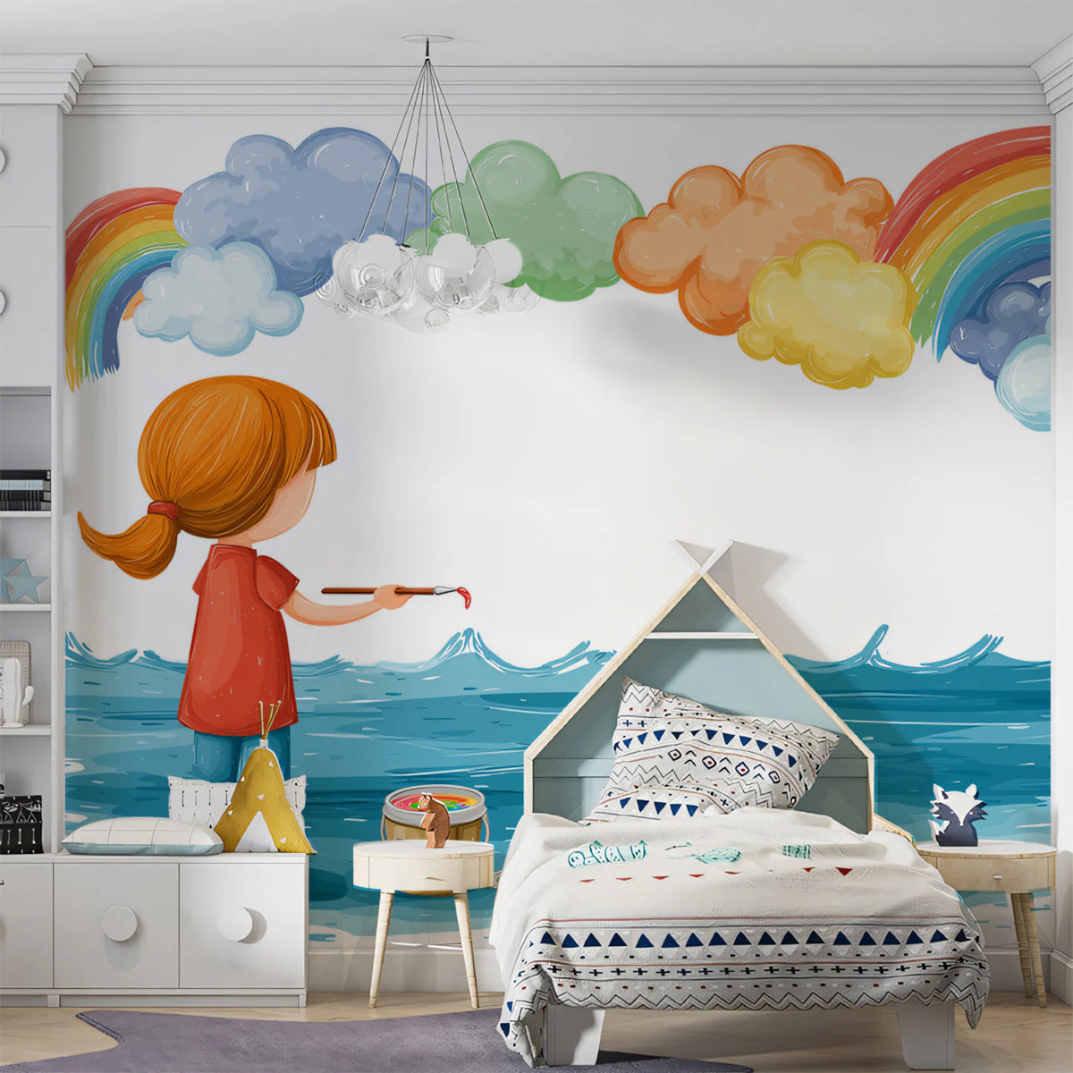 Child Painting Rainbow Mural Wallpaper — Whimsical Artistic Scene Mural Wallpaper - room preview 02