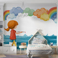 Child Painting Rainbow Mural Wallpaper — Whimsical Artistic Scene Mural Wallpaper - room preview 02