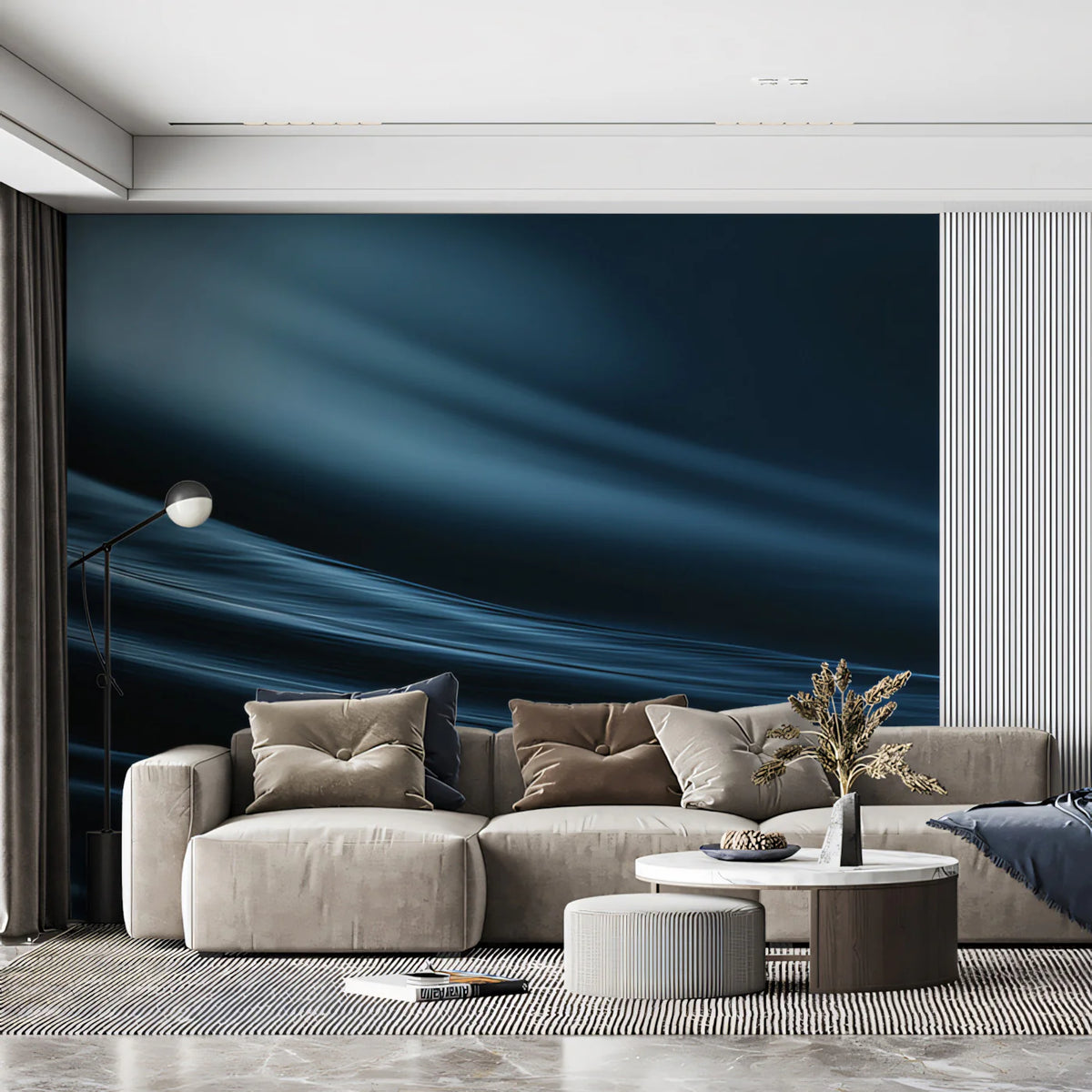 Fluid Silk Waves Mural Wallpaper — Dark Navy Abstract Decor Mural Wallpaper - room preview 02
