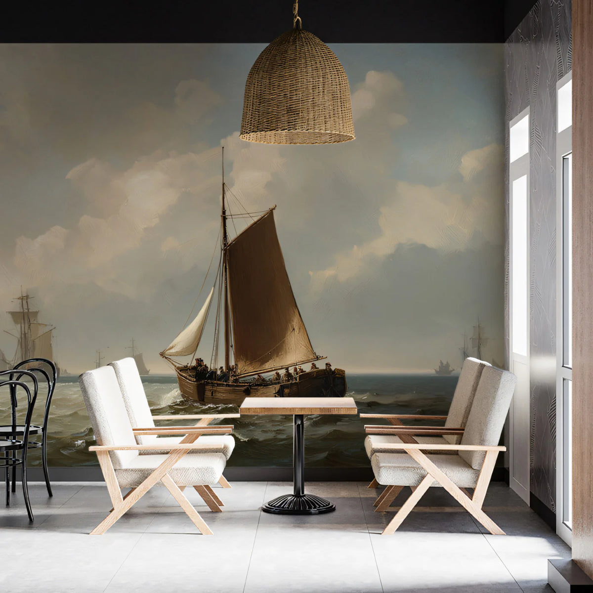 Rustic Coastal Sloop Oil Painting Mural Wallpaper — Maritime Classic Mural Wallpaper - room preview 02