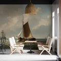Rustic Coastal Sloop Oil Painting Mural Wallpaper — Maritime Classic Mural Wallpaper - room preview 02
