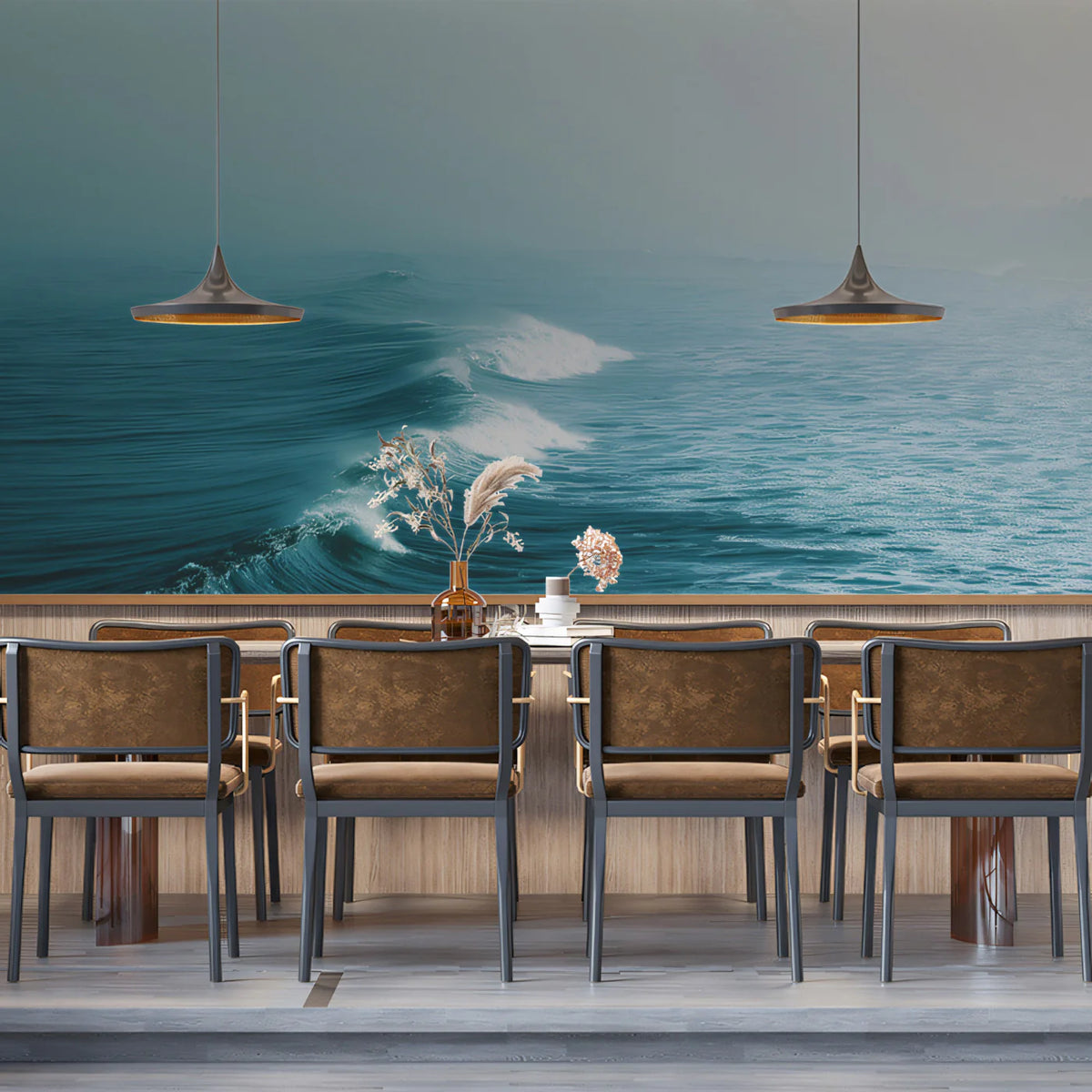 Mist-Covered Ocean Waves Mural Wallpaper — Minimalist Coastal Art Mural Wallpaper - room preview 02