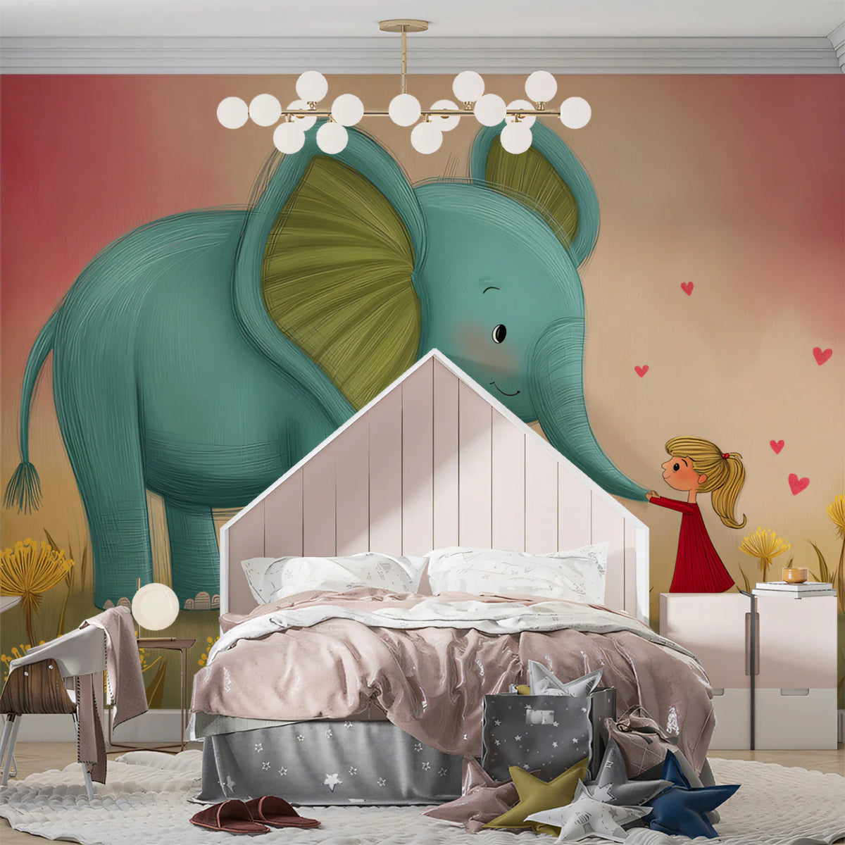 Elephant and Girl Dandelion Field Mural Wallpaper — Whimsical Decor Mural Wallpaper - room preview 02