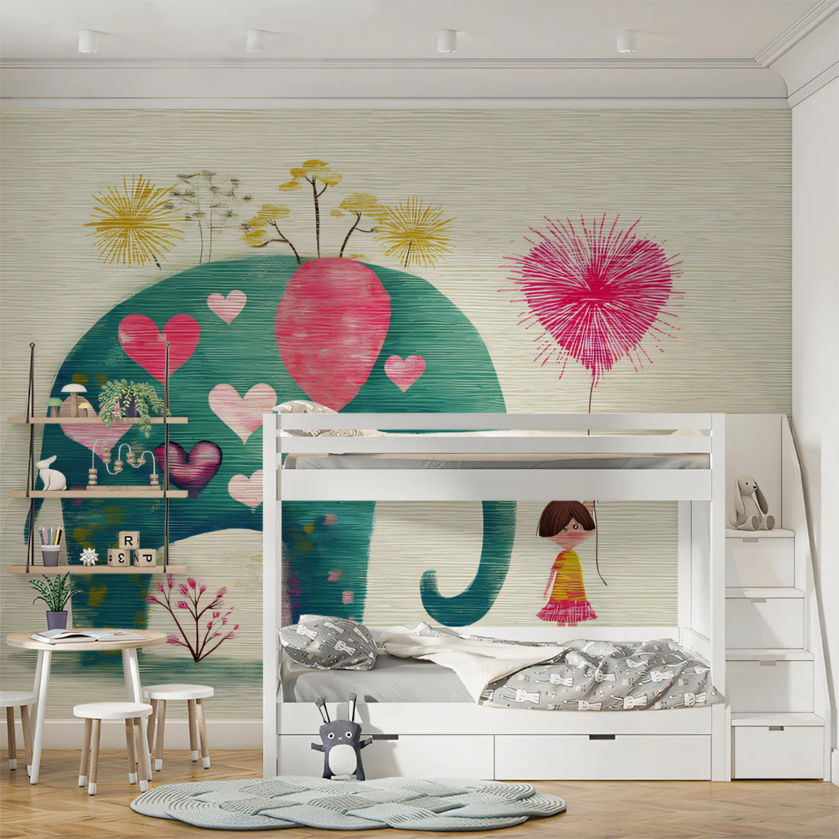 Folk Art Elephant Mural Wallpaper — Whimsical Botanical Design Mural Wallpaper - room preview 02