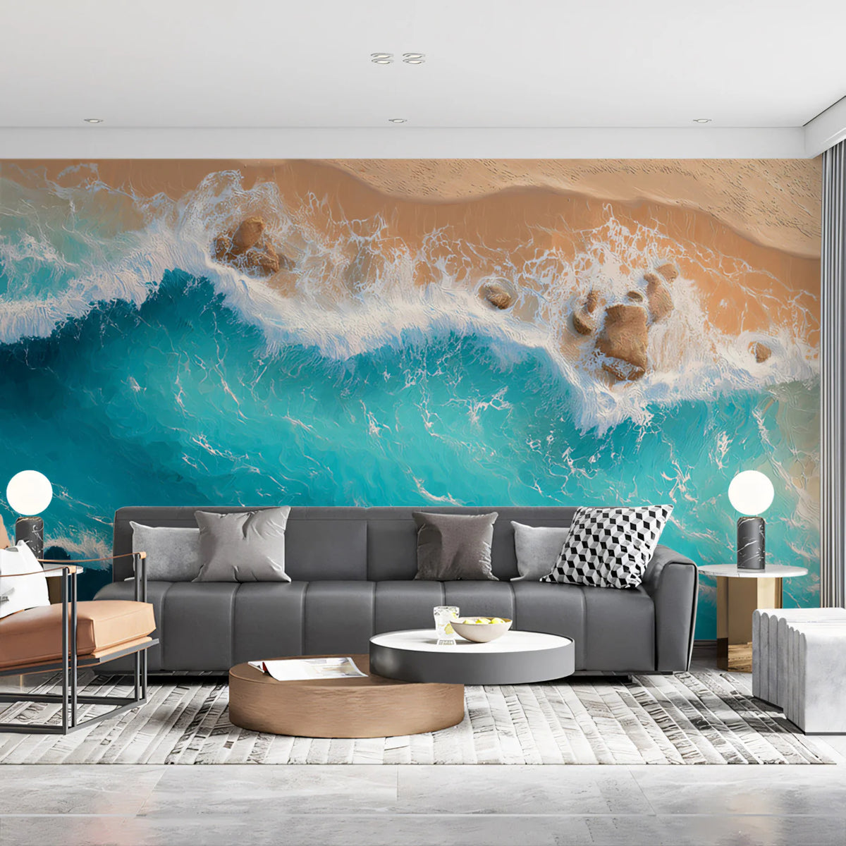 Aerial Ocean Waves and Sand Mural Wallpaper — Coastal Art Mural Wallpaper - room preview 02