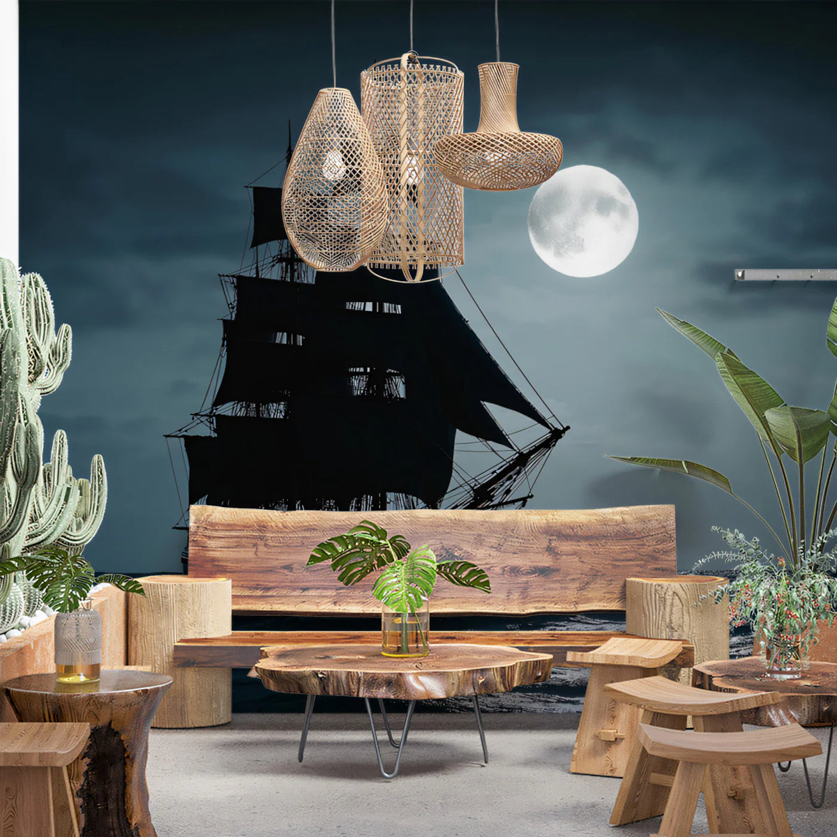 Midnight Galleon Seascape Mural Wallpaper — Cinematic Night Sky Mural Wallpaper - room preview 02